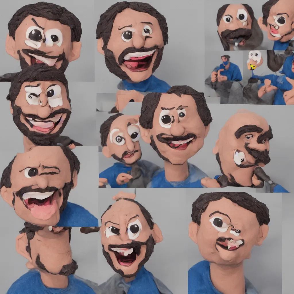 Image similar to very detailed claymation devin montes smiling cartoon head shot