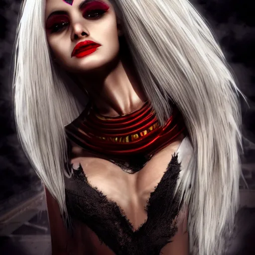 Prompt: Egyptian Vampire, goddess, detailed, high quality, 4k UHD, slim, curvy, blonde hair, realism, very coherent, high detail, hyper realism, hypnotic, hypno spiral, 8K high definition, fangs as teeth, eerie looking, creative,