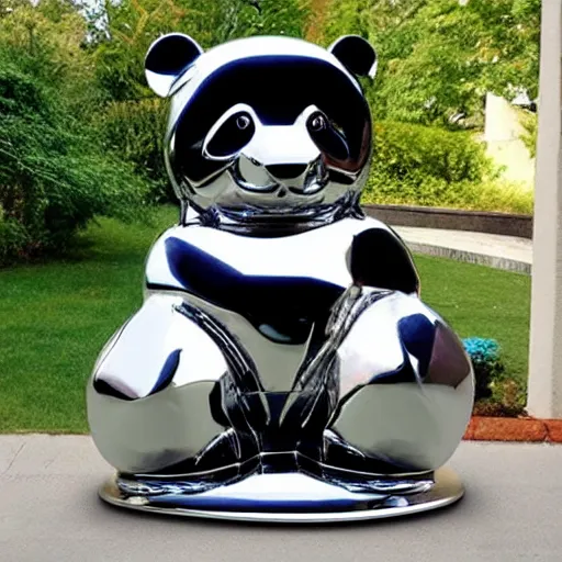 Prompt: large chrome statue in the shape of a panda