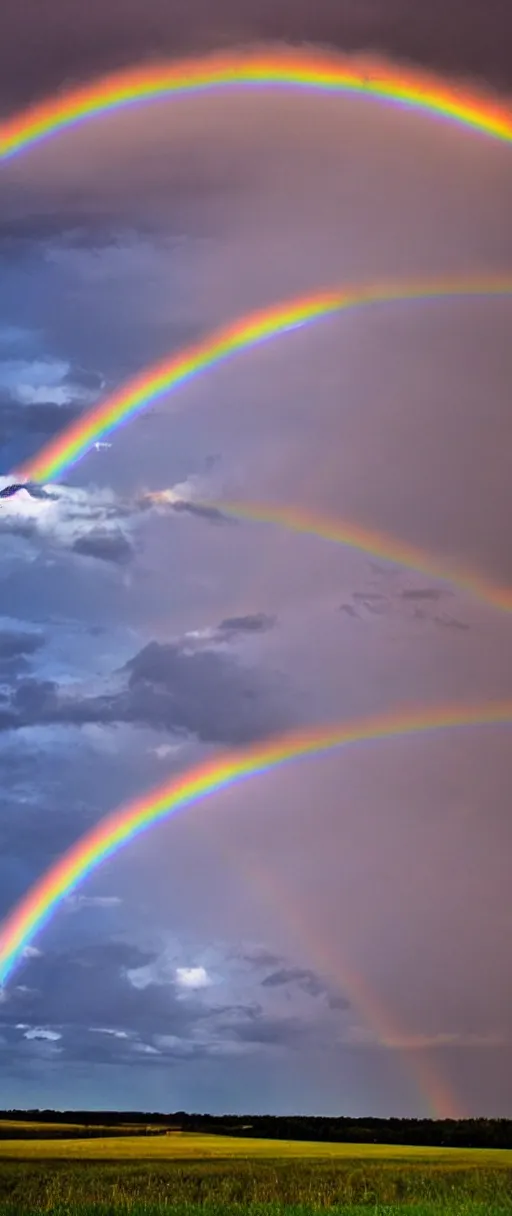 Image similar to storm filled sky with rainbow lightning, rainbow, rainbow lightning, dark clouds, open field, dark, colorful