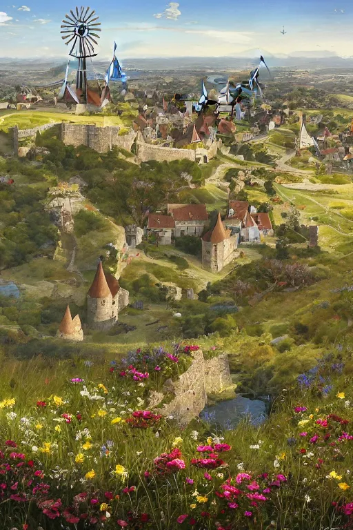 Prompt: very long shot of a magnificent detailed windmill, wild beautiful Joe Biden, spots of blue flowers nearby, medieval french landscape, Carcassonne, outskirts of city of carcassonne in the background by Stanley Artgerm Lau, WLOP, Rossdraws, frank frazetta, Andrei Riabovitchev, Marc Simonetti, tranding on artstation