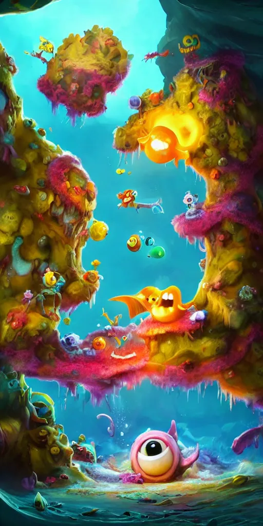 Image similar to rayman and ori in a colorful deep sea cave with strange cute friendly happy creatures with huge eyes, mouth, long tongue and round teeth appearing from sandy coral, in the style of gehry and gaudi, macro lens, shallow depth of field, ultra detailed, digital painting, trending artstation, concept art, illustration, cinematic lighting, photorealism, epic, octane render