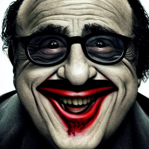 Image similar to Danny Devito as the joker movie still, hyper realistic