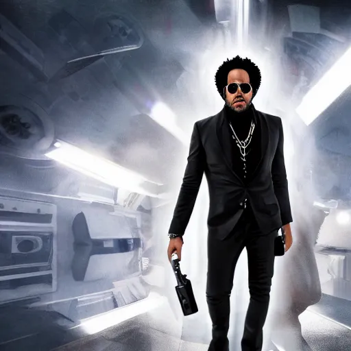 Image similar to lenny kravitz ( with accurate face ) as men in black agent fighting aliens, dynamic movie still, detailed 8 k photorealistic portrait, imdb poster style