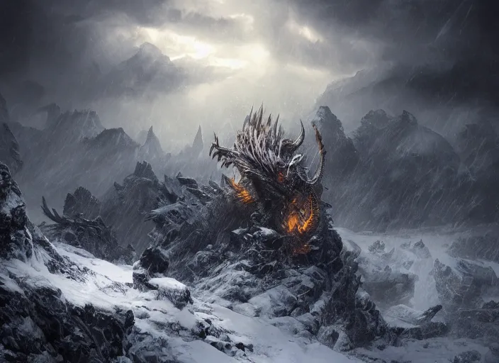 Image similar to an epic dragon, beautiful snowy landscape, lightning storm, dramatic lightning, cinematic, establishing shot, extremly high detail, photorealistic, cinematic lighting, epic fight scene, post processed, concept art, artstation, matte painting, style by greg rutkowsky