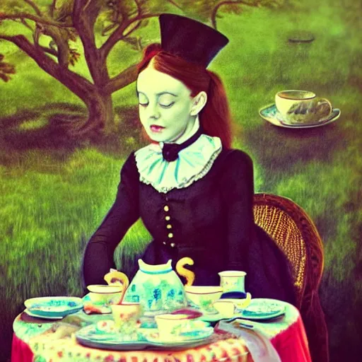 Image similar to “Alice at a tea party, Alice in Wonderland, realism”