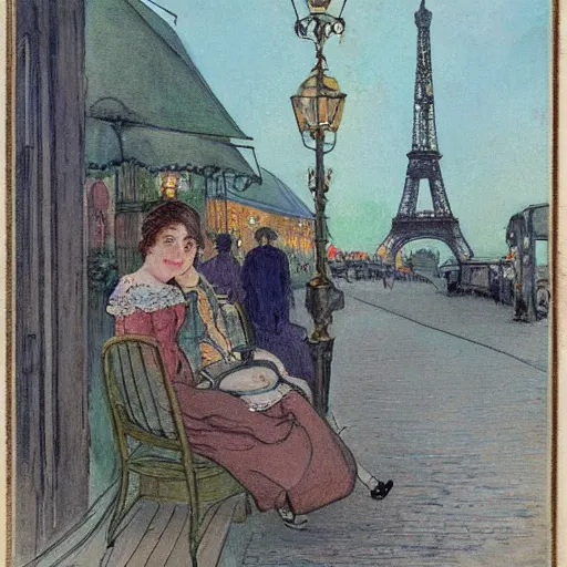 Image similar to two young edwardian women sit outside a cafe in paris at night, the moon is in the sky, the eiffel tower is visible in the background, in the style of carl larsson