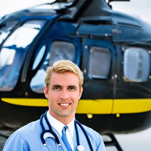 Image similar to blond male doctor in front of helicopter, epic lighting