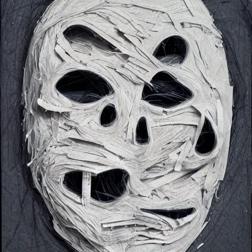 Image similar to face shredded like paper masks, horror, surreal, drawing, painting
