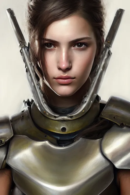 Prompt: a photorealistic painted portrait of an attractive young girl, partially clothed in dull metal-plated battle armor, olive skin, long dark hair, beautiful bone structure, symmetric facial features, perfect eyes, natural physique, intricate, elegant, digital painting, concept art, finely detailed, beautifully illustrated, sharp focus, minimal artifacts, photographic appearance, from Metal Gear, by Ruan Jia and Mandy Jurgens and Artgerm and William-Adolphe Bouguerea, in the style of Greg Rutkowski, trending on Artstation, award winning