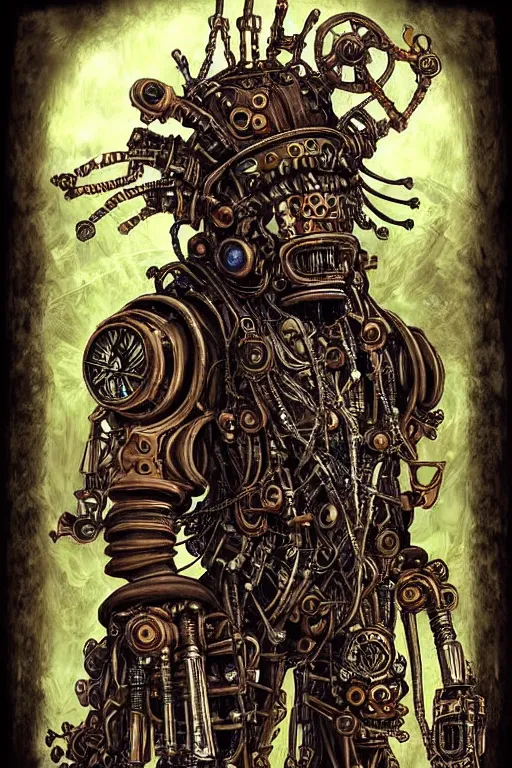 Image similar to wild monstorous anthropomorphic biomechanical bear shaman wearing steampunk artifacts. Have dreadlocks made of cables and wires. Upgraded with hightech cyberwares. huge, big, giant bear human hybrid, mecha animal, tall, very detailed woodcut armor, terrifying and dangerous, scary, beautiful, steampunk monster android hybrid art portrait, matte scifi fantasy painting, half robot half bear. Fullbody, Centered uncut. Full head visinle to the top. Focus on face 50px margins on every side.. DeviantArt Artstation, by Igor Goryunov, featuring Jason Felix, Steve Argyle, Tyler Jacobson and Peter Mohrbacher, cinematic lighting