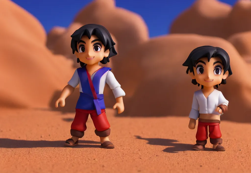 Image similar to profile view of young aladdin as nendoroid walking in a desert, wearing typical clothes, 8 k, hd, dof, kodak film, volumetric lighting, subsurface scattering, photorealistic, octane render