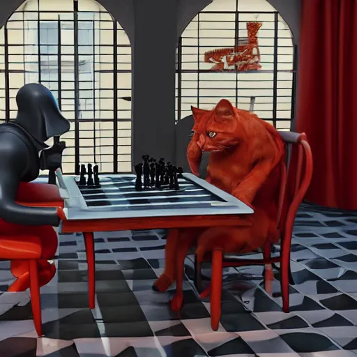 Image similar to grim reaper playing chess with a red cat at a table on a sunny veranda, 8 k, ultra realistic, unreal engine 5