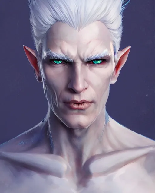 Prompt: character portrait of a slender half elven man with white hair, piercing bright blue eyes, and pale bluish skin, by greg rutkowski, mark brookes, jim burns, tom bagshaw, trending on artstation