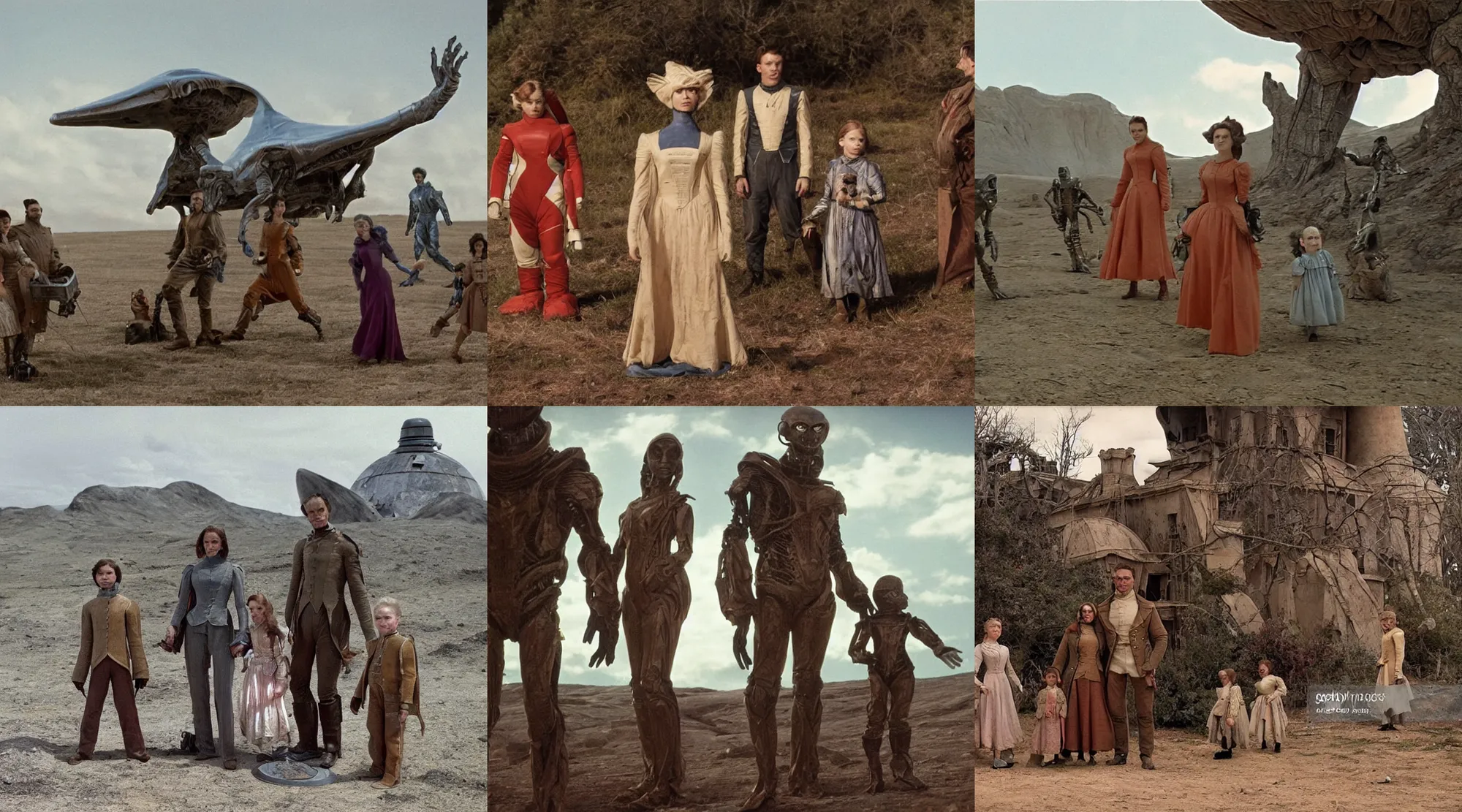 Prompt: sharp, 70mm still from a sci fi blockbuster color movie made in 2022, set in 1860, of a family leaving a spaceship, that has just landed on an alien landscape, a humanoid alien creature stands nearby, the family are wearing 1850s era clothes, 4k, extremely good quality lighting, good quality photography, a list cast, famous actors, famous actresses, oscar winner
