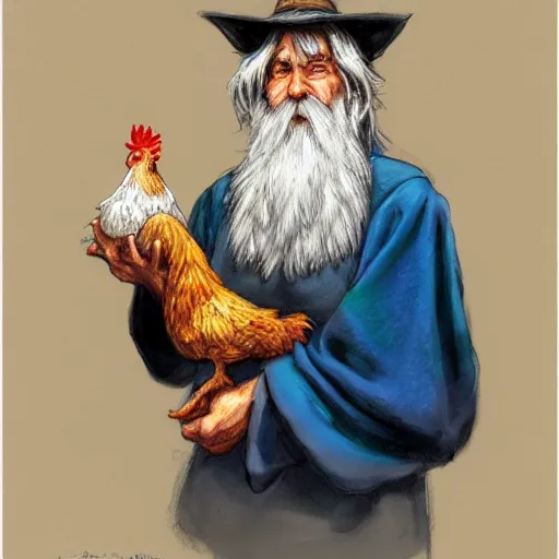 Prompt: concept art character design portrait of wizard with a long white beard and a wizard hat holding a pet chicken, wearing a blue robe, dungeons and dragons, by Larry Elmore and John Howe and Alan Lee, trending on ArtStation, detailed, realistic