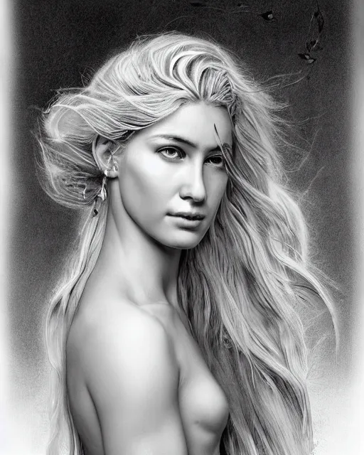 Image similar to pencil drawing of beautiful greek goddess aphrodite with arrowhead jewelry, beautiful piercing eyes, beautiful blonde hair flying in the wind, hyper realistic face, in the style of greg rutkowski, fantasy, amazing detail, epic, elegant, smooth, sharp focus, from the front