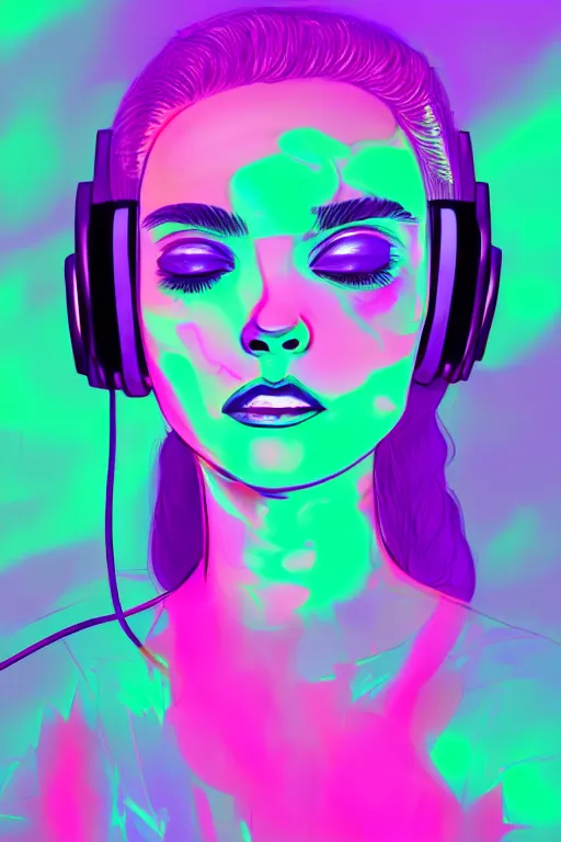 Prompt: a award winning half body portrait of a beautiful woman with stunning eyes in a croptop and cargo pants with ombre purple pink teal hairstyle dancing with headphones on her ears by thomas danthony, surrounded by whirling illuminated lines, outrun, vaporware, shaded flat illustration, digital art, trending on artstation, highly detailed, fine detail, intricate