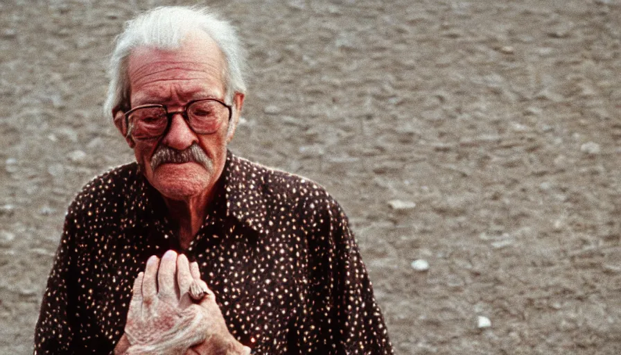 Prompt: 7 0 s movie still of a old man with trypophobia hand, cinestill 8 0 0 t 3 5 mm eastmancolor, heavy grain, high quality, high detail