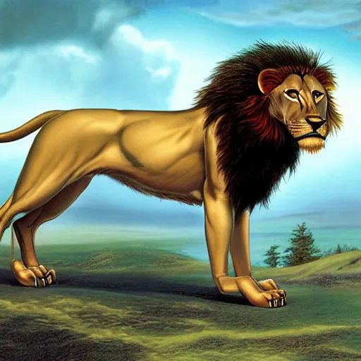 Image similar to an anthropomorphic lion, furry fursona furaffinity, by jim burns, james gurney, and david a. hardy