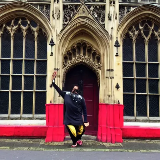 Image similar to fat hairy indian guy looking drunk out the front of Kings College Cambridge UK wearing a leotard and big red bow in his hair and dancing