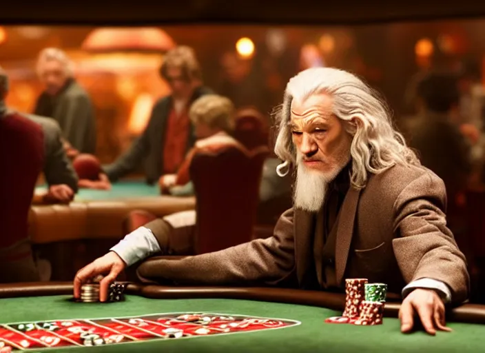 Image similar to film still of gandalf gambling in a casino in new martin scorsese movie, 8 k