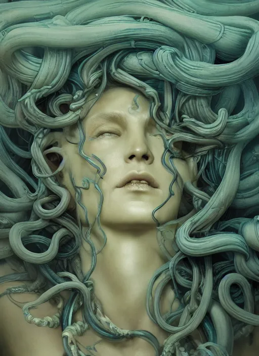 Prompt: medusa made of soft wax, wooden art nouveau swirls, strong subsurface scattering, cables, tubes, subsurface scattering, in the style of ruan jia and beeple and giger, subsurface scattering, mystical colors, rim light, dramatic lighting, 8 k, stunning scene, raytracing, octane render, trending on artstation