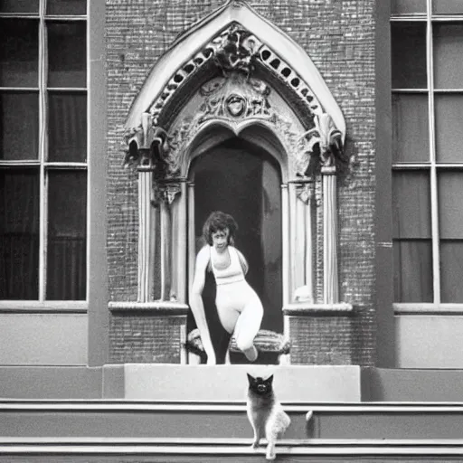 Image similar to detailed still of Sigourney Weaver wearing a white singlet and her cat moving apartment New York City 1983, gothic building entrance way Art Deco, cinematic feel, high octane