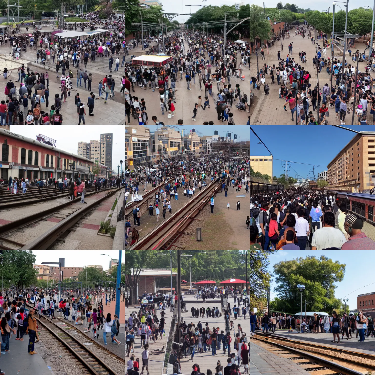 Prompt: a high school plaza, railway tracks going through it, crowds surrounding it