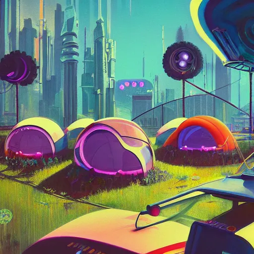 Prompt: a painting of a 1 9 6 0 s cyberpunk!! futuristic!! hippie commune with tents and fruit trees and flowers and led screens, a matte painting by magali villenueve and beeple, cgsociety, utopia art, sci - fi, bold colors, artstation hq