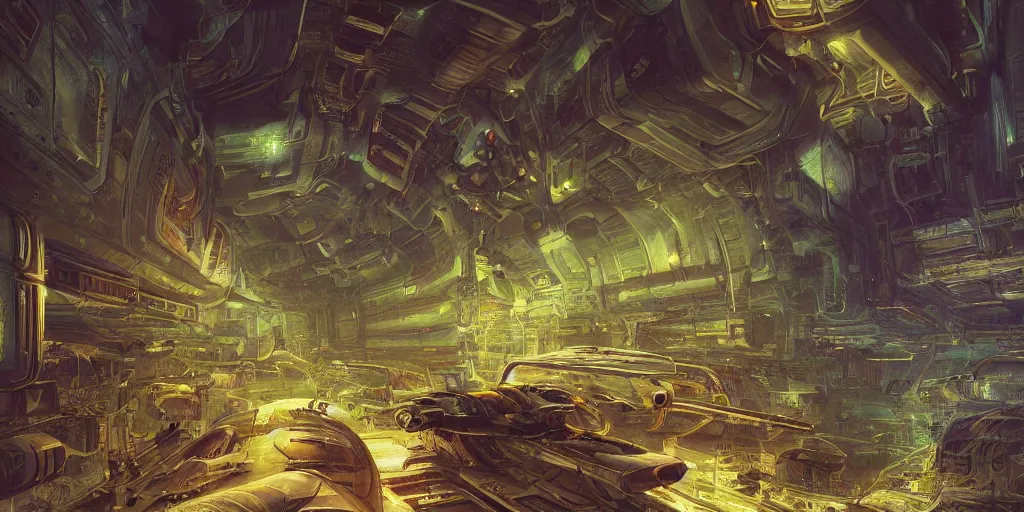 Image similar to an extremely detailed masterpiece epic color scene of the inside of a cavernous spaceship cargo bay with various types of parked spacecraft with pilots an opened hanger door space scene in background, in the style of frank paul lehr and lebbeus woods, intricate, elegant, highly detailed, digital painting, artstation, cinematic lighting, extremely moody lighting, glowing light and shadow, 4 k