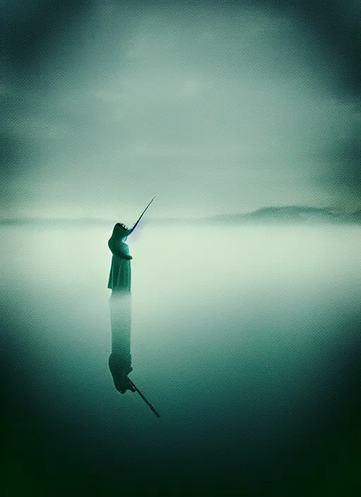 Image similar to “unicorn pepe the frog vertically hovering above misty lake waters in jesus christ pose, low angle, long cinematic shot by Andrei Tarkovsky, paranormal, eerie, mystical”