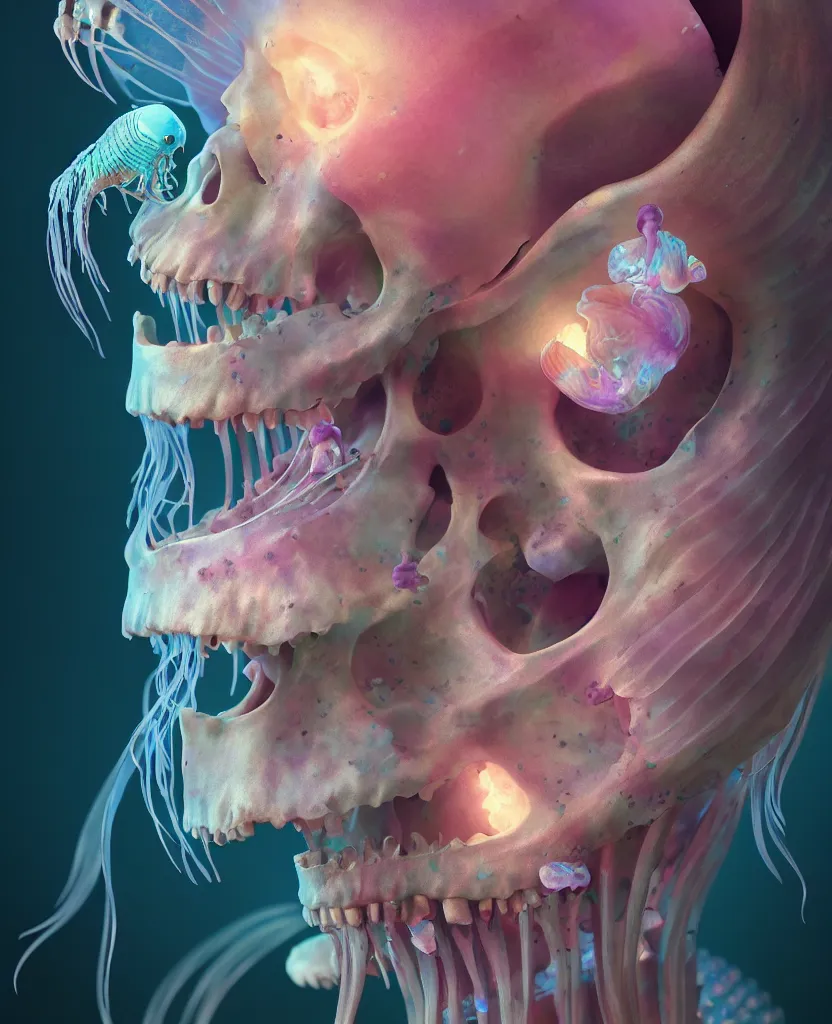 Image similar to goddess close - up portrait human skeleton, ram skull, jellyfish, orchid, betta fish, bioluminiscent, intricate artwork by tooth wu and wlop and beeple. octane render, trending on artstation, greg rutkowski very coherent symmetrical artwork. cinematic, hyper realism, high detail, octane render, 8 k