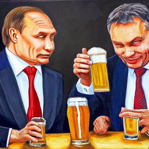 Prompt: viktor orban drinking beer with putin, oil painting, highly detailed