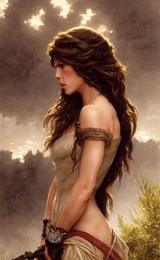 Image similar to kate beckinsale, traditional corsican, intricate, highly detailed, artstation, illustration, jurgens, rutkowski, bouguereau