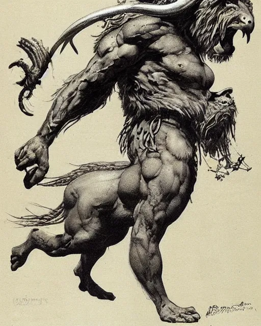 Image similar to human / eagle / lion / ox hybrid with two horns, one big beak, mane, human body. drawn by frank frazetta