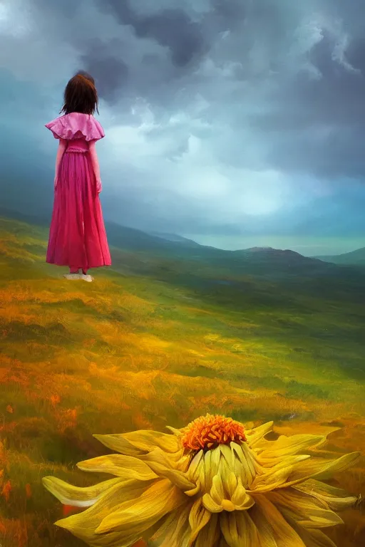 Image similar to closeup giant dahlia flower as head, girl standing on mountain, surreal photography, blue storm clouds, dramatic light, impressionist painting, digital painting, artstation, simon stalenhag