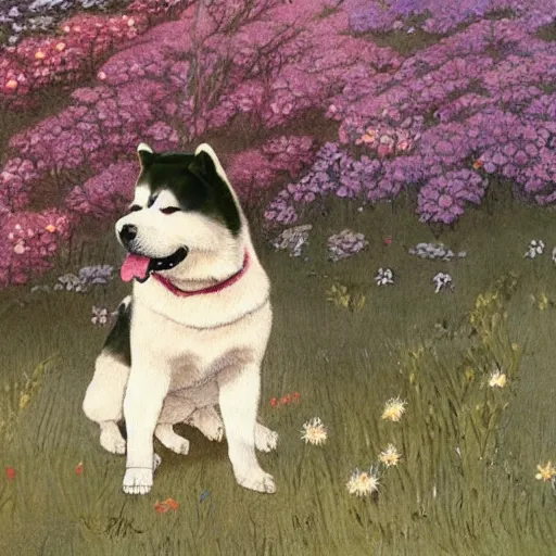 Prompt: a female akita inu wearing a kimono, in a field of flowers, painting in the style of warwick goble