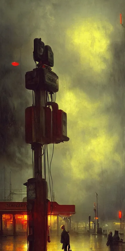 Image similar to a gas station in 1 9 4 0 with yellow and red light in the middle of the night, a men stand up next to the pump, mystical blue fog, oil on canvas, art by andreas achenbach, clemens ascher, tom bagshaw and sabbas apterus,