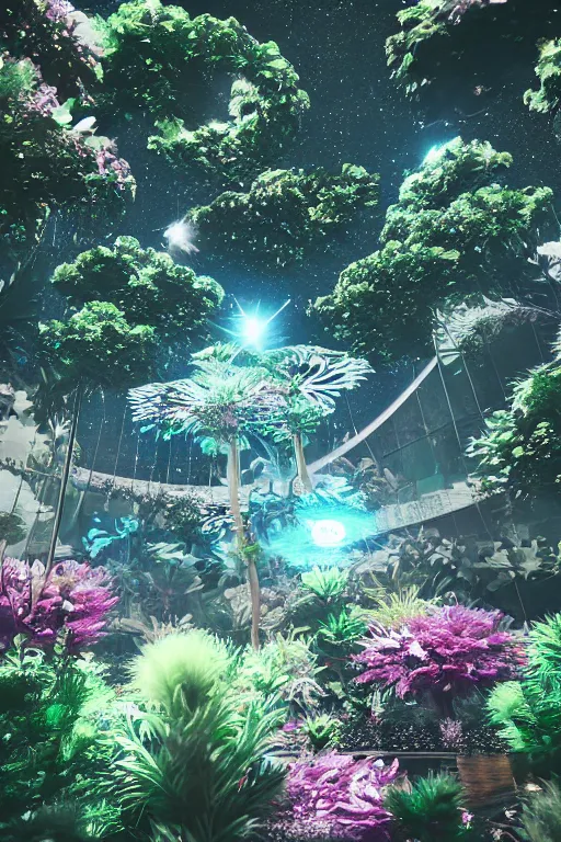 Image similar to multi level botanical garden spaceship floating in space, calm, tranquil, faded effect, detailed, vaporwave colors, render by substance designer