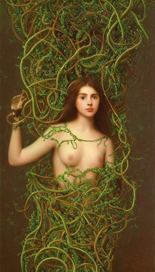 Prompt: very detailed portrait of a 2 0 years old girl surrounded by tentacles, the youg woman visage is blooming from fractal and vines, by albert bierstadt,