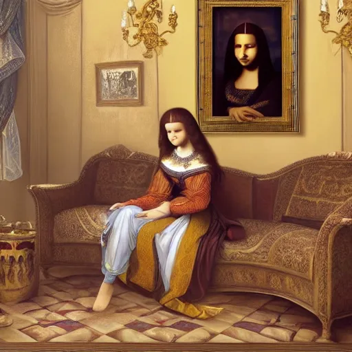 Image similar to Monalisa is sitting on her living room couch. She is dressed casually and is watching TV, Regal, Realistic, Refined, Detailed Digital Art, Josephine wall, Oil Painting, William-Adolphe Bouguereau, Art Frahm, Esao Andrews, Steampunk, Walt Disney (1937), Highly Detailed, Cinematic Lighting, Unreal Engine, 8k, HD