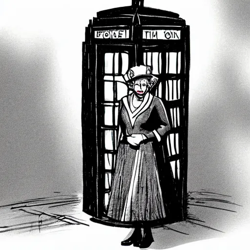 Prompt: Concept art of Queen Elizabeth II stepping out of the Tardis on a dark rainy London street