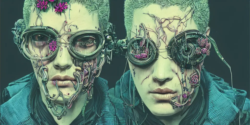 Image similar to risograph grainy drawing cyberpunk antagonist face wearing cyberpunk accessories, photorealistic colors, with huge piercings, face covered with plants and flowers, by moebius and satisho kon and dirk dzimirsky close - up portrait, hyperrealistic