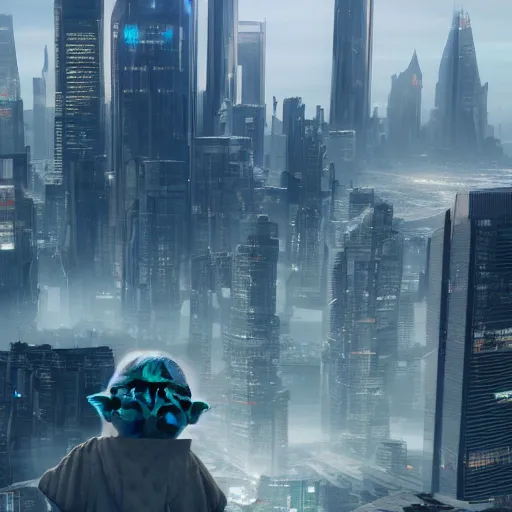 Prompt: a lifelike highly - detailed photo of yoda looking over a city skyline, cyberpunk, hyper - realistic, unreal engine, octane render