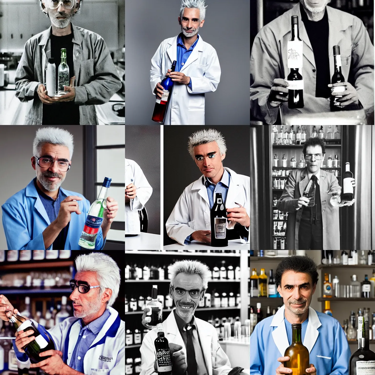 Prompt: Photograph of a skinny mad scientist with a unibrow and spiky bluish gray hair, wearing a lab coat and holding a bottle of booze