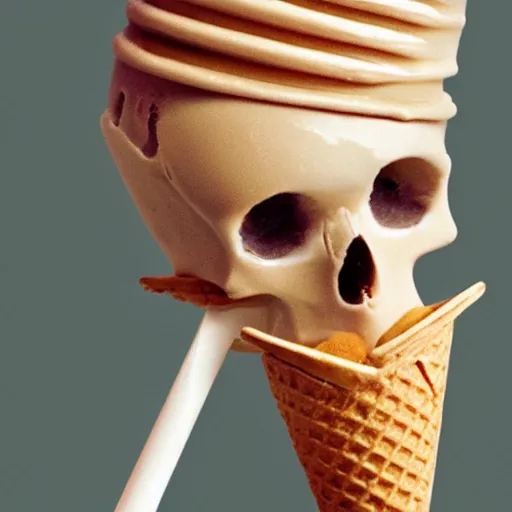 Image similar to an ice cream cone but the ice cream is a skull