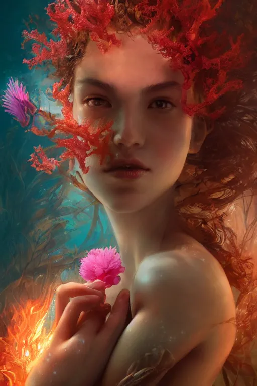 Image similar to face closeup a young beautiful girl exploding into coral reef and fire, underwater photography, nymph, siren, 3 d render, hyper realistic detailed portrait, holding magic flowers, ruan jia, wlop. scifi, fantasy, hyper detailed, octane render, concept art, by peter mohrbacher, by wlop, by ruan jia
