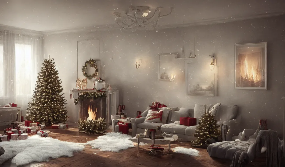 Image similar to a christmas eve in a beautiful home, photorealistic landscape painting on the wall, ascher clemens, home, interior, octane render, deviantart, greg rutkowski, cinematic, key art, hyperrealism, canon eos c 3 0 0, ƒ 1. 8, 3 5 mm, 8 k, medium - format print