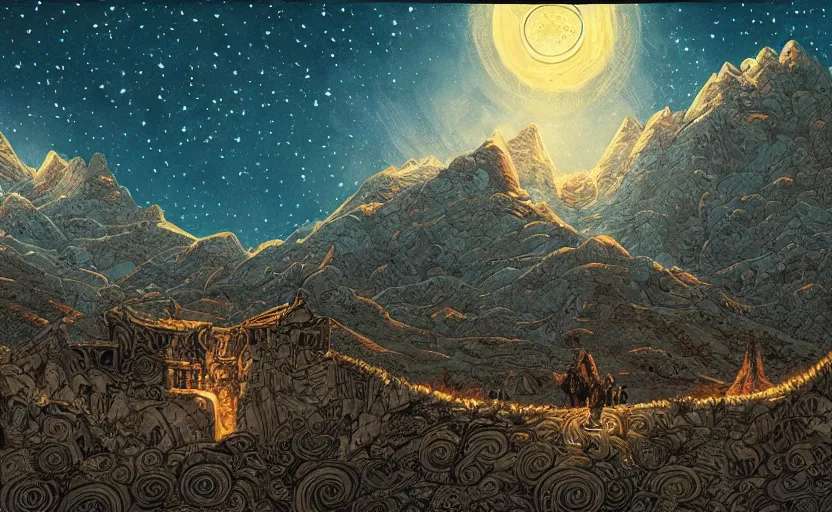 Prompt: mountains, stars and paisley filled sky, artstation, intricate, highly detailed, digital painting, concept art, sharp focus, illustration by Jean Claude Mézières and Benjamin Lacombe